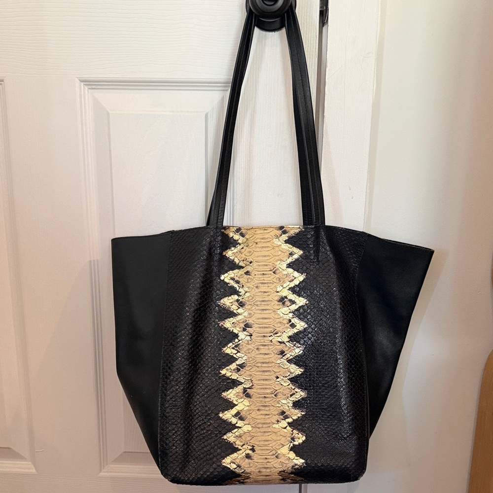 Black Tote with Gold Snake-Print Center Panel